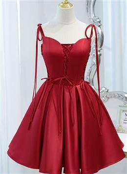Picture of Wine Red Color Satin V-neckline Straps Beaded Short Prom Dresses, Wine Red Color Party Dress